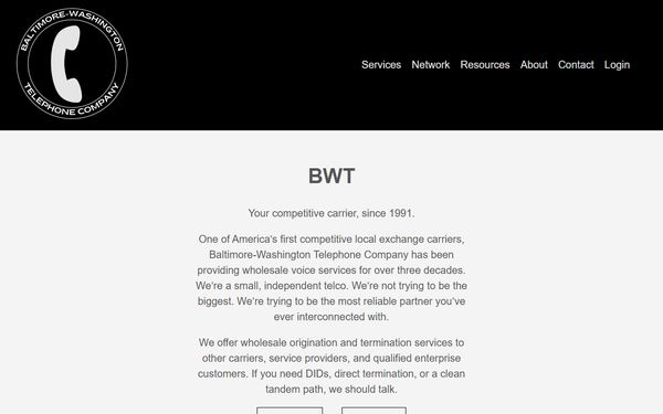 Homepage screenshot of Baltimore-Washington Telephone (BWT)