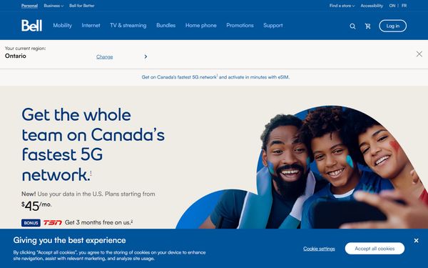 Homepage screenshot of Bell Quebec