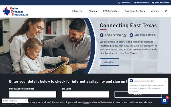 Homepage screenshot of Eastex Telephone Cooperative Inc