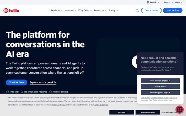 Homepage screenshot of Twilio International Inc