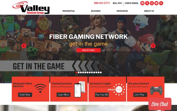 Homepage screenshot of Valley Telephone Cooperative Inc